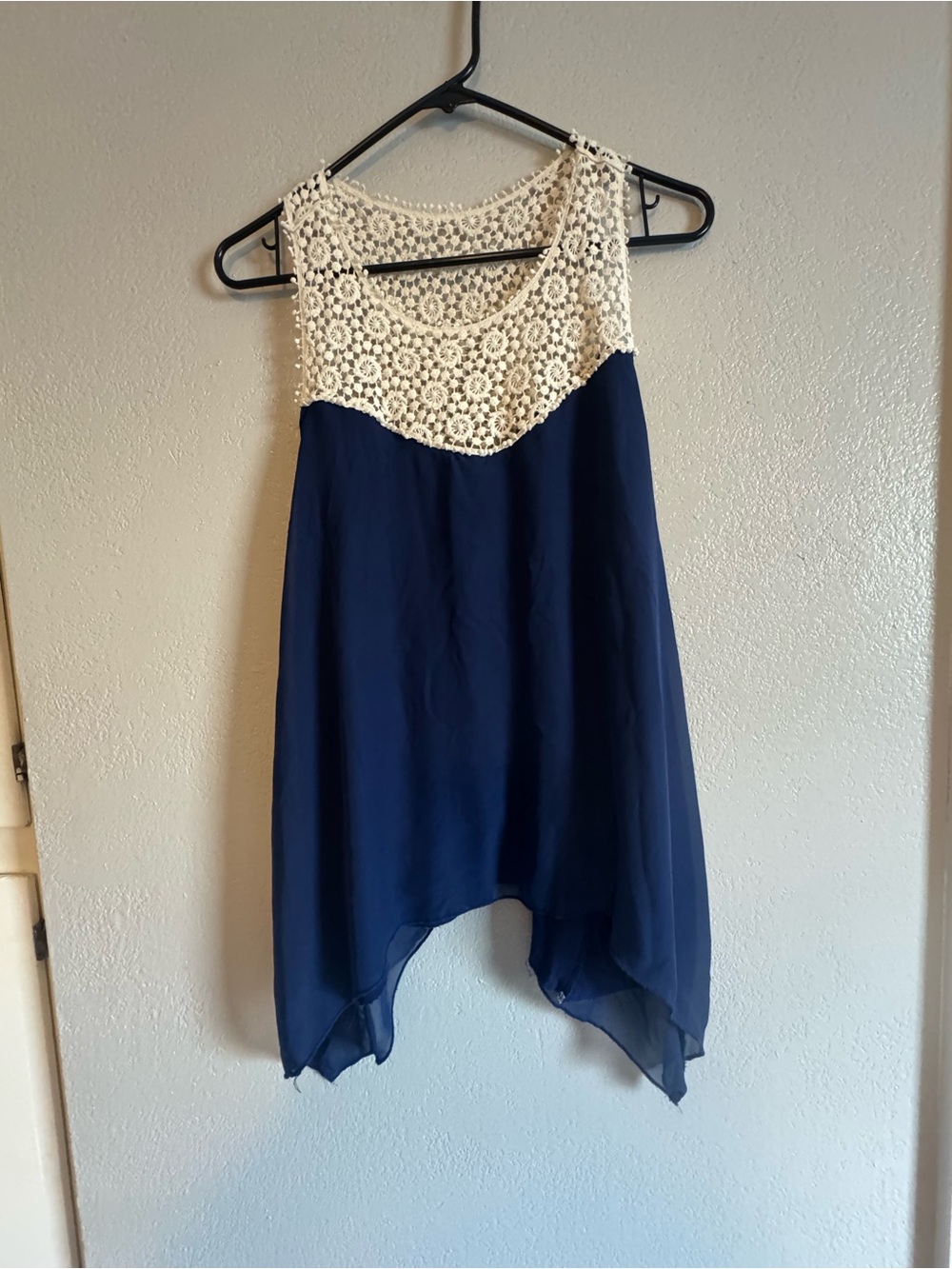 NAIF Navy Tank with Cream Crochet Yoke High-Low Hem